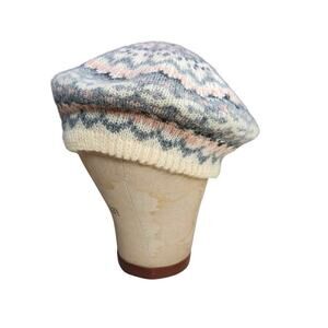 Vintage Aris Knit Beret Gray Pink Glitter Fair Isle 80s Acrylic OS